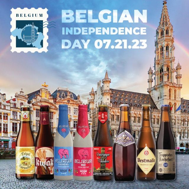 🇧🇪 Celebrate Belgian Independence Day with some of its finest:

Bosteels Tripel Karmeliet: For over 7 generations they have worked tirelessly, continuously perfecting their craft to create this singular award-winning beer. 8.4% ABV

Bosteels Kwak: mellow, fruity attack, a nougat-like solidity, and a slightly spicy character with hints of liquorice passing into a warm finish that reminds you of caramelised banana. 8.4% ABV

Delirium Tremens: The taste is characterized by its roundness. The aftertaste is strong, long-lasting and dry bitter. 8.5% ABV

Delirium Red: Sweet and fruity, with a nice balance between sweet and sour. An excellent dessert beer. 8.0% ABV

Timmermans Bourgogne De Flandres: Mixed-fermentation Flanders Red Ale from Bruges. 5.0% ABV

Orval Trappist Ale: Sunset-orange color; a fruity and slightly acidic bouquet, firm body, profound hop bitterness, and long, dry finish. 6.9% ABV

Westmalle Tripel: Glowing orange-gold color, herbal aroma, and complex flavors that meld rich malt sweetness, warmth, hops, and powerful drinkability. 9.5% ABV

Trappistes Rochefort 10: The bouquet covers a wide range: port wine, leather, apricots, oak, spices – a deeply intriguing beverage. 11.3% ABV