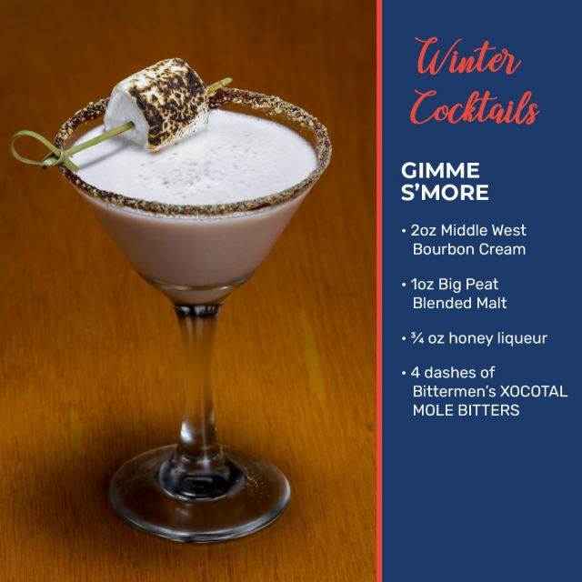 Warm up fireside and enjoy a GIMME S’MORE cocktail ❄️🔥:
• 2oz Middle West Bourbon Cream
• 1oz Big Peat Blended Malt
• ¾ oz honey liqueur
• 4 dashes of Bittermen’s XOCOTAL MOLE BITTERS

@middlewestspirits @bigpeatwhisky