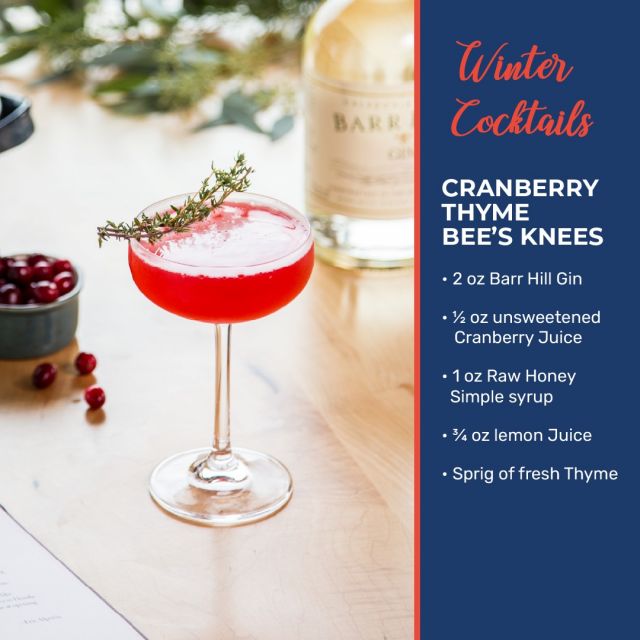 Elevate your holiday experience with a Cranberry Thyme Bee’s Knees cocktail:
• 2 oz Barr Hill Gin
• ½ oz unsweetened Cranberry Juice
• 1 oz Raw Honey Simple syrup
• ¾ oz lemon Juice
• Sprig of fresh Thyme

@barrhillgin