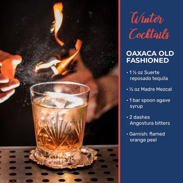Last, but not least, put on a show with OAXACA OLD FASHIONED 🍊🔥:
• 1 ½ oz Suerte reposado tequila
• ½ oz Madre Mezcal
• 1 bar spoon agave syrup 
• 2 dashes Angostura bitters
• Garnish: flamed orange peel

@suertetequila @madremezcal
